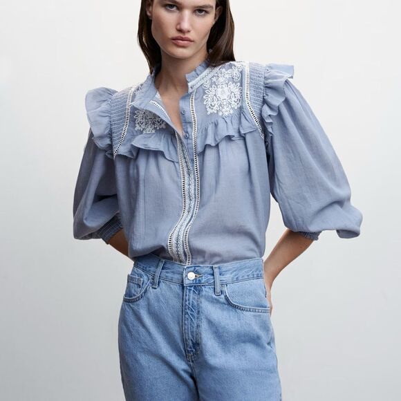 Mango MNG Blue Ruffled Blouse with Embroidery Size XL Puff Sleeve Buttondown - Picture 1 of 11
